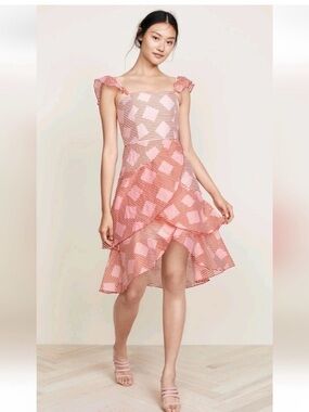 Alice + Olivia Azura Waterfall Ruffle Midi Dress — Pink/Red — Size 4